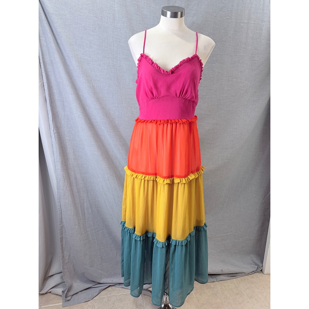 Sadie & Sage Maxi Dress Multicolor Colorblock Tiered Ruffle Boho Medium
